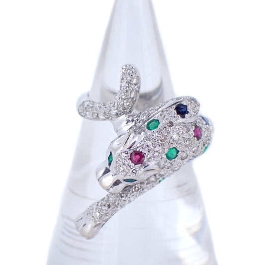 K18WG パンサー モチーフ ダイヤ ルビー サファイア エメラルド 12号 シルバー レディース リング 指輪