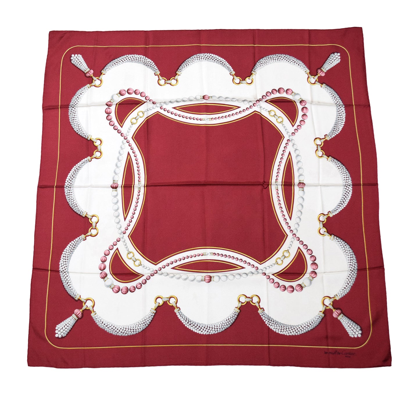 Cartier カルティエ 大判 パールネックレス柄 ワインレッド レディース スカーフ