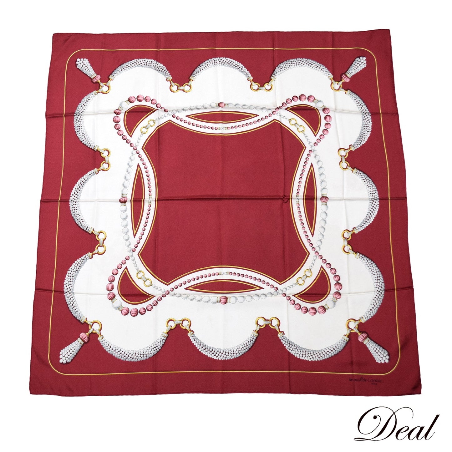 Cartier カルティエ 大判 パールネックレス柄 ワインレッド レディース スカーフ