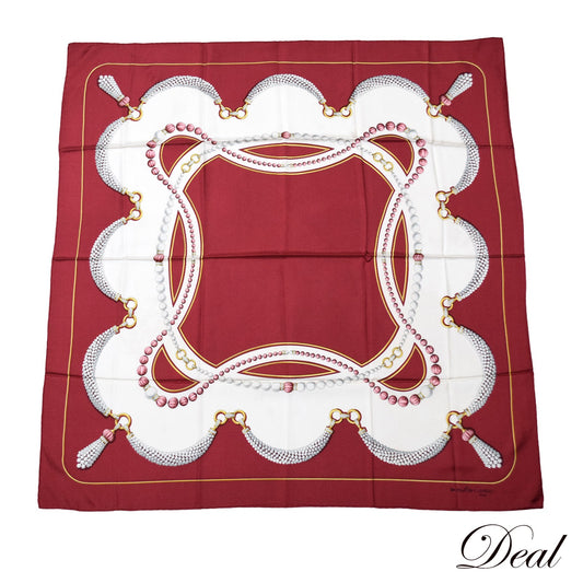 Cartier カルティエ 大判 パールネックレス柄 ワインレッド レディース スカーフ