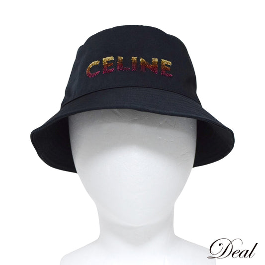 SALE CELINE セリーヌ ロゴ エンブロイダリー バケットハット 2AUO1968P スパンコール ブラック レディース 帽子