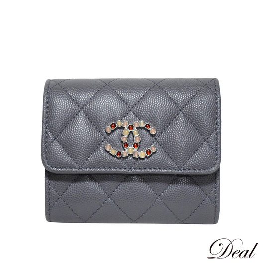 CHANEL シャネル スモール フラップウォレット キャビア AP3604 ラインストーン グレー レディース 三つ折り財布