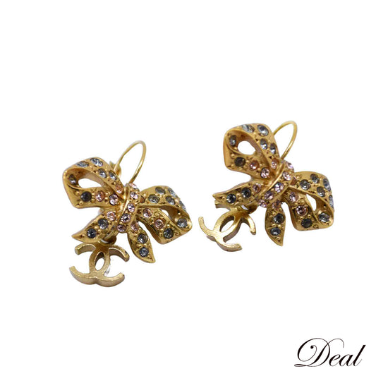 CHANEL シャネル ココマーク リボン ラインストーン 03P ゴールド レディース ピアス