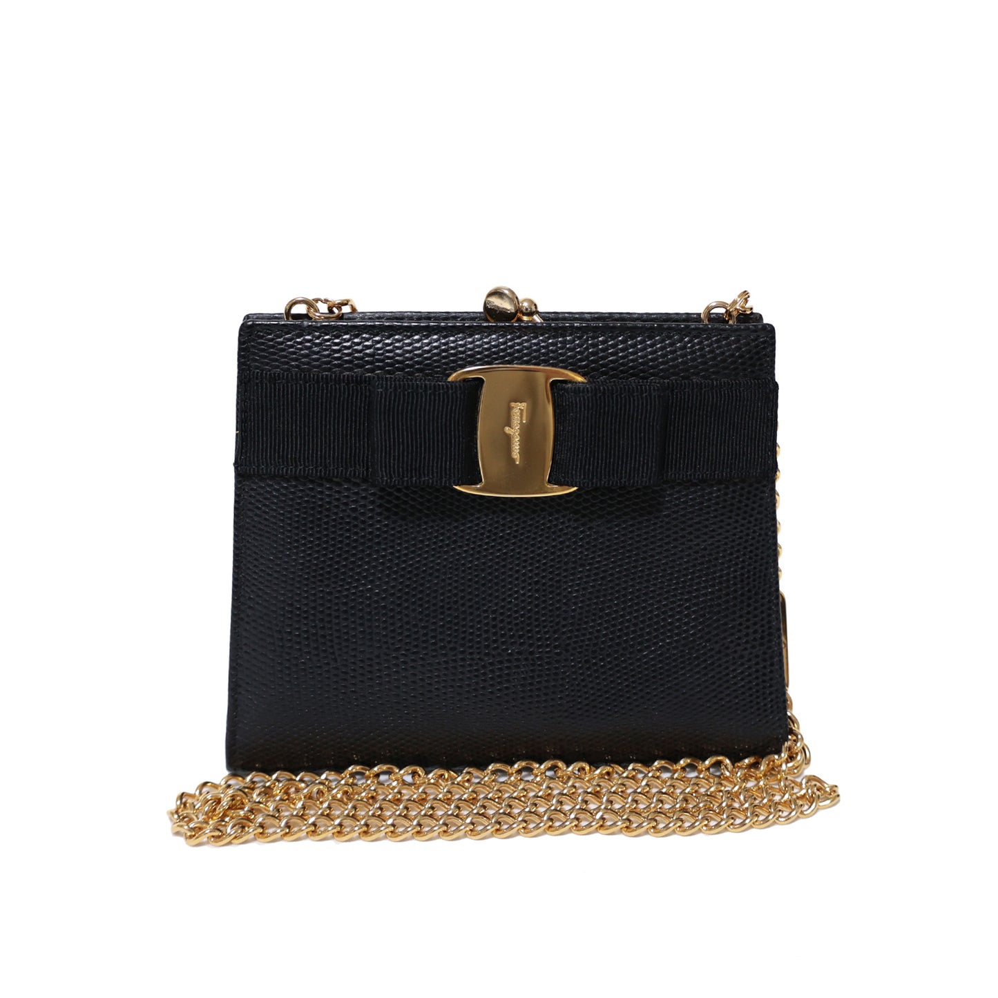 Salvatore Ferragamo サルヴァトーレ フェラガモ ヴァラ リボン がま口 チェーンショルダー ブラック レディース ショルダーバッグ