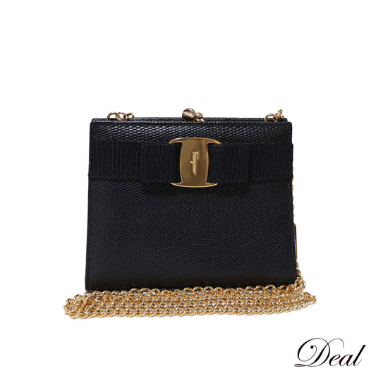 Salvatore Ferragamo サルヴァトーレ フェラガモ ヴァラ リボン がま口 チェーンショルダー ブラック レディース ショルダーバッグ