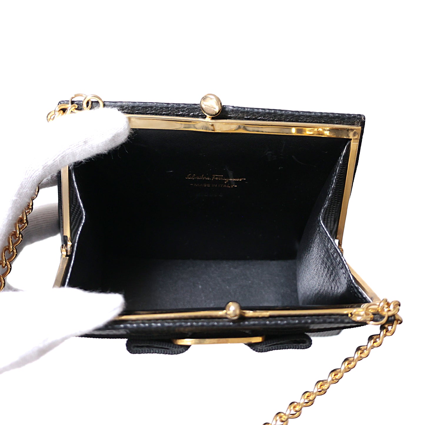 Salvatore Ferragamo サルヴァトーレ フェラガモ ヴァラ リボン がま口 チェーンショルダー ブラック レディース ショルダーバッグ