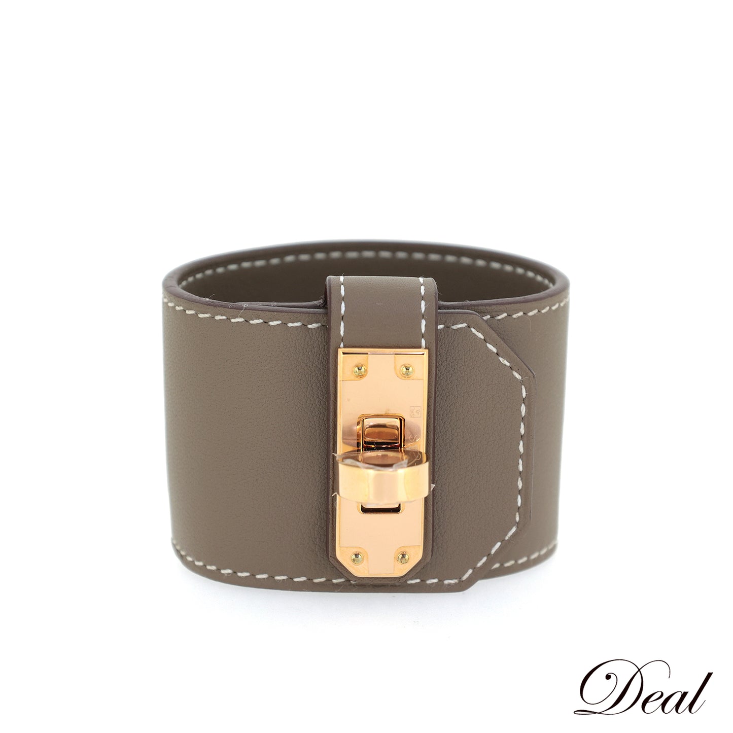 未使用、展示品质 HERMES Kelly Twist GM Etoupe 手镯，玫瑰金，带有 B 印章、T1、米色。