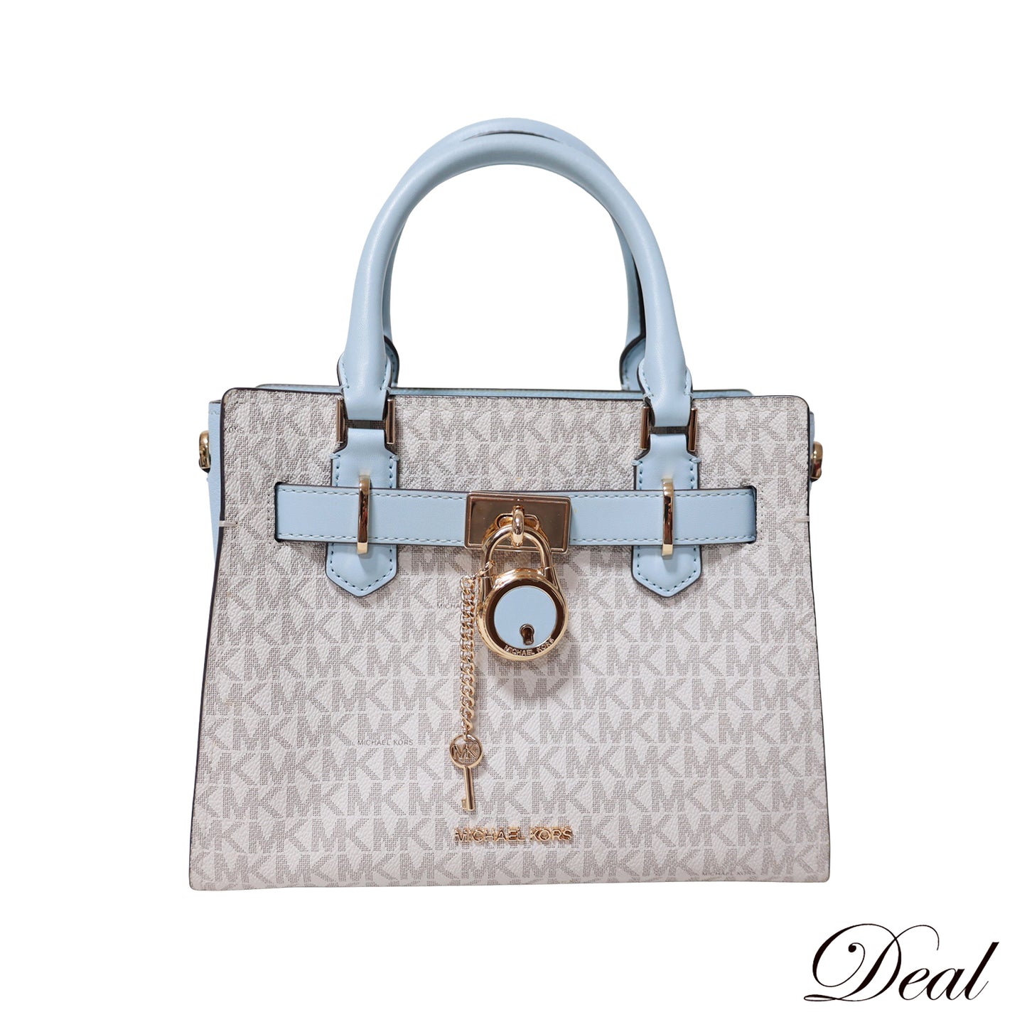 MICHAEL KORS マイケルコース  MKシグネチャー ライトブルー ホワイト系 ゴールド金具  鍵付き  ブルー  レディース ハンドバッグ