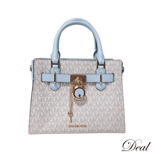 MICHAEL KORS マイケルコース  MKシグネチャー ライトブルー ホワイト系 ゴールド金具  鍵付き  ブルー  レディース ハンドバッグ