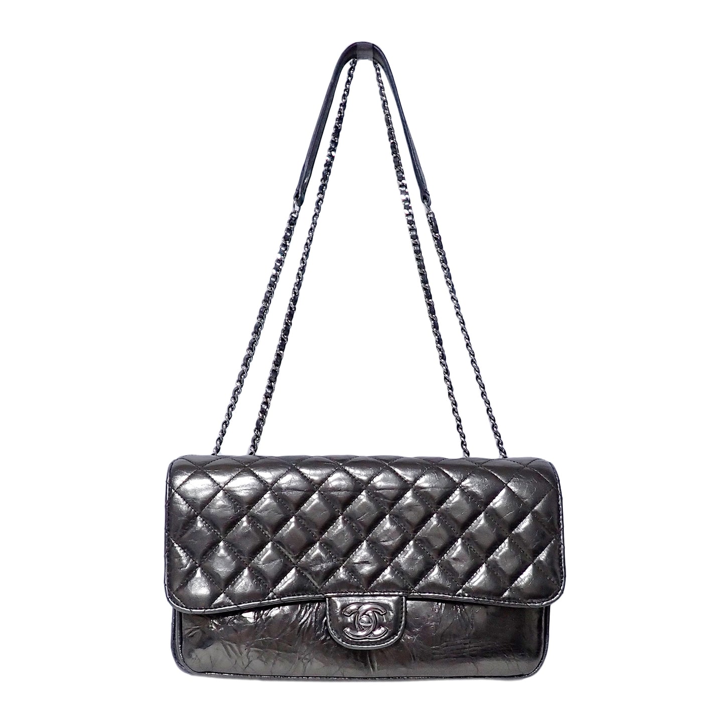 CHANEL シャネル マトラッセ パテントレザー Wチェーン メタリック カーキ シルバー金具 カーキ レディース ショルダーバッグ