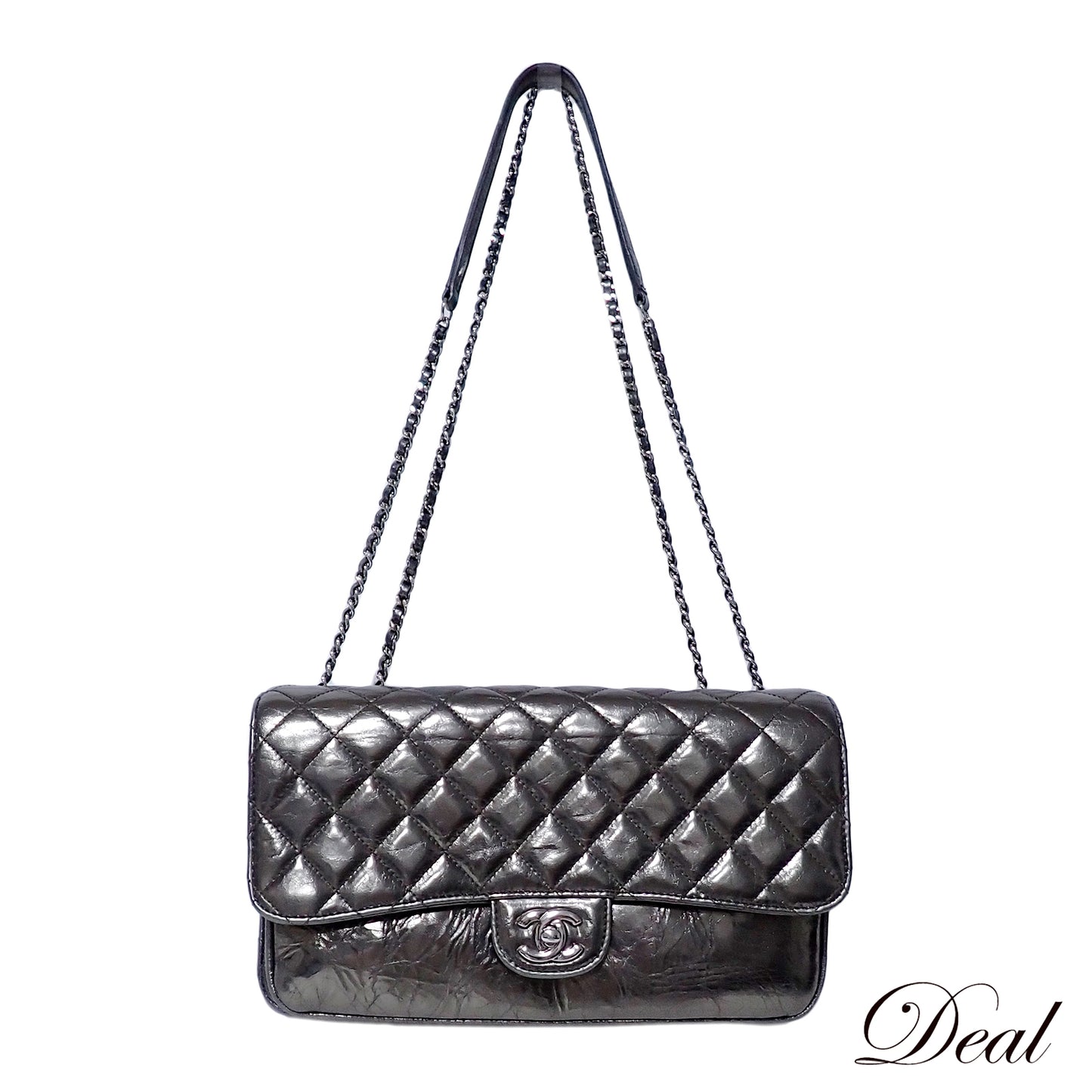 CHANEL シャネル マトラッセ パテントレザー Wチェーン メタリック カーキ シルバー金具 カーキ レディース ショルダーバッグ