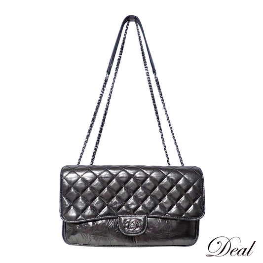 CHANEL シャネル マトラッセ パテントレザー Wチェーン メタリック カーキ シルバー金具 カーキ レディース ショルダーバッグ