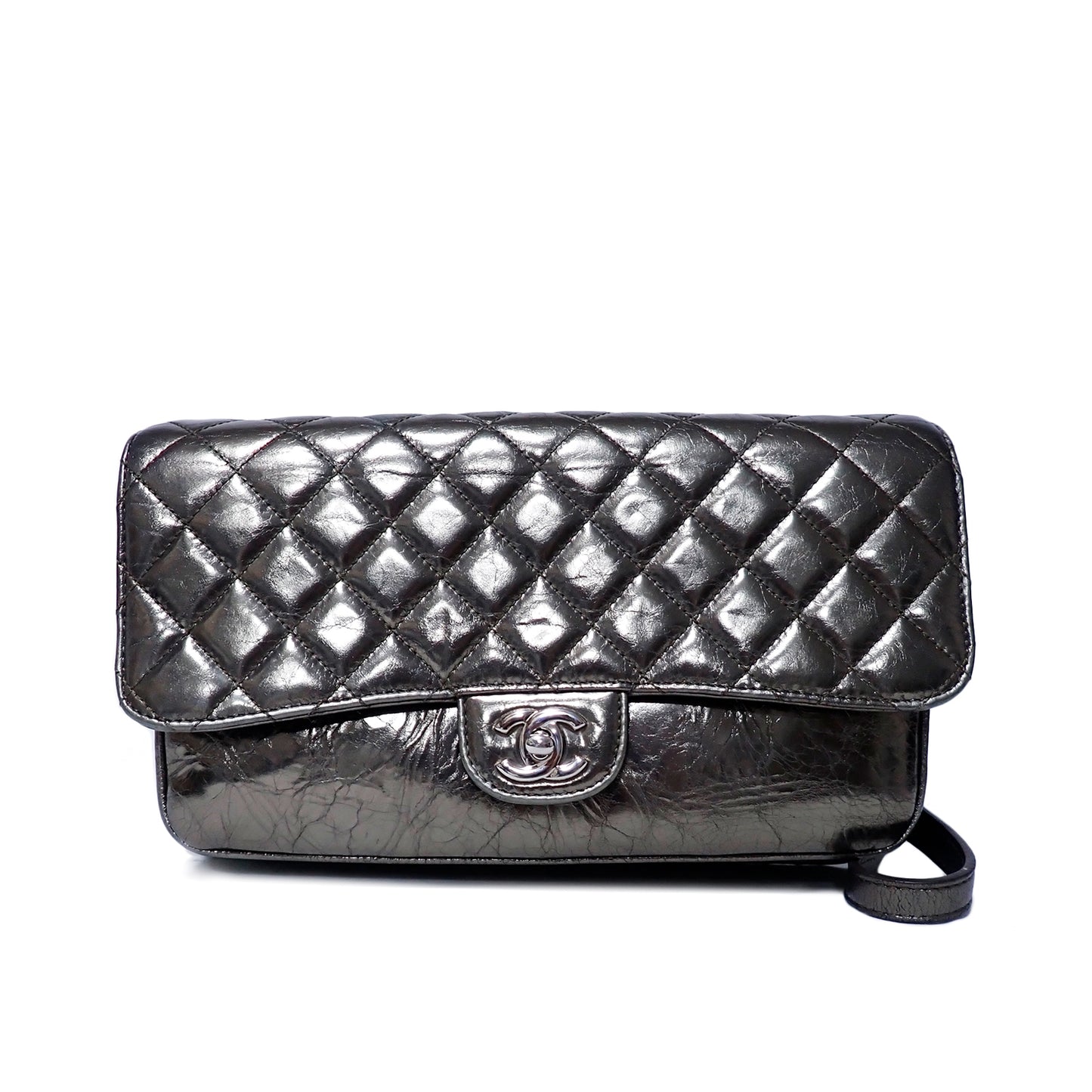 CHANEL シャネル マトラッセ パテントレザー Wチェーン メタリック カーキ シルバー金具 カーキ レディース ショルダーバッグ