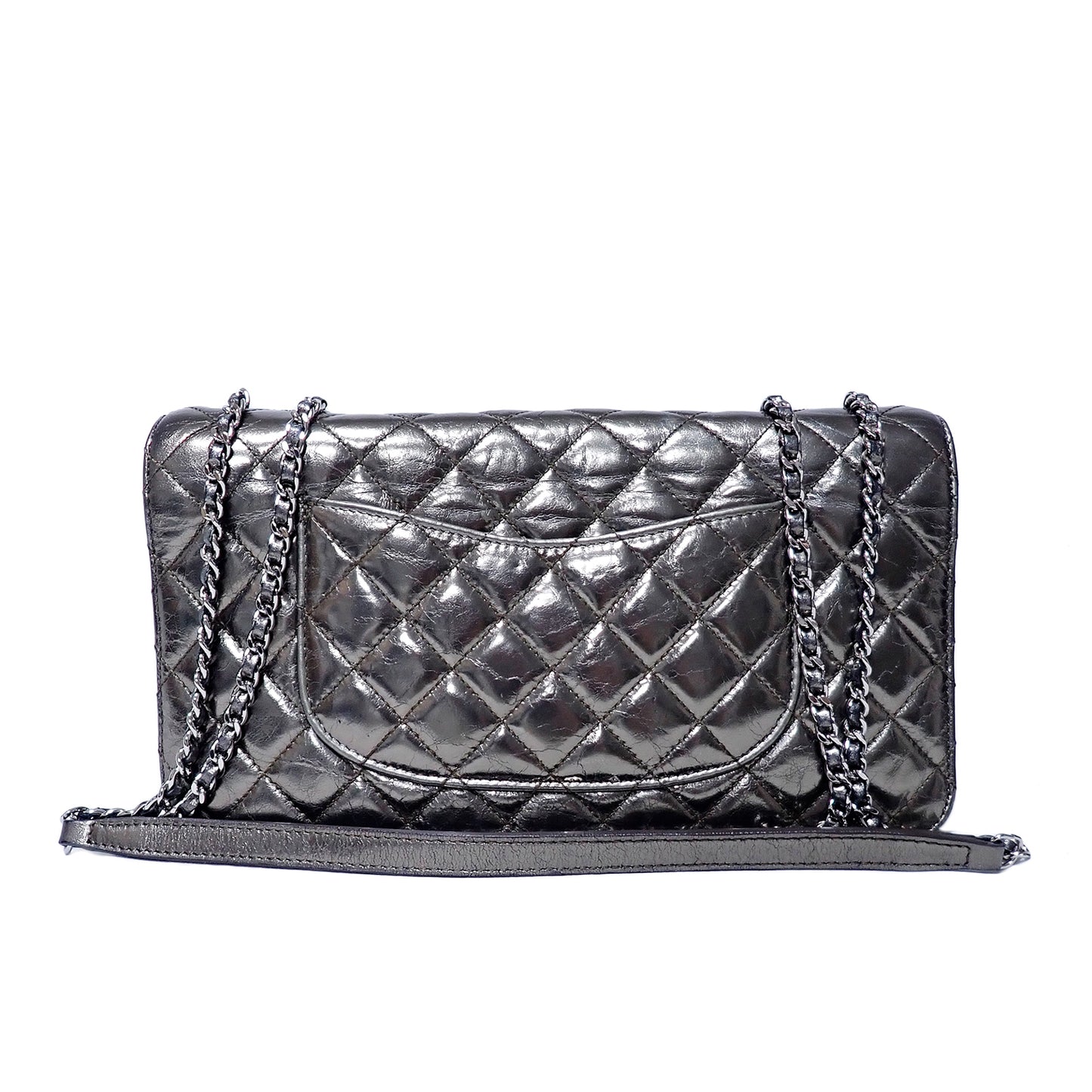 CHANEL シャネル マトラッセ パテントレザー Wチェーン メタリック カーキ シルバー金具 カーキ レディース ショルダーバッグ