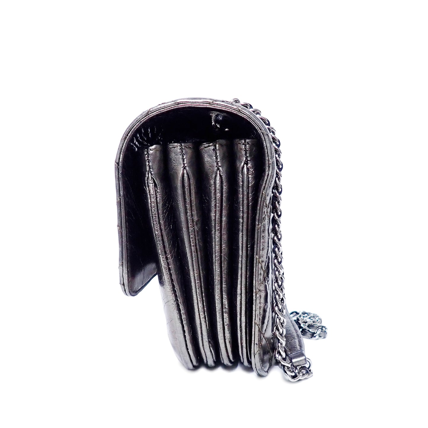 CHANEL シャネル マトラッセ パテントレザー Wチェーン メタリック カーキ シルバー金具 カーキ レディース ショルダーバッグ