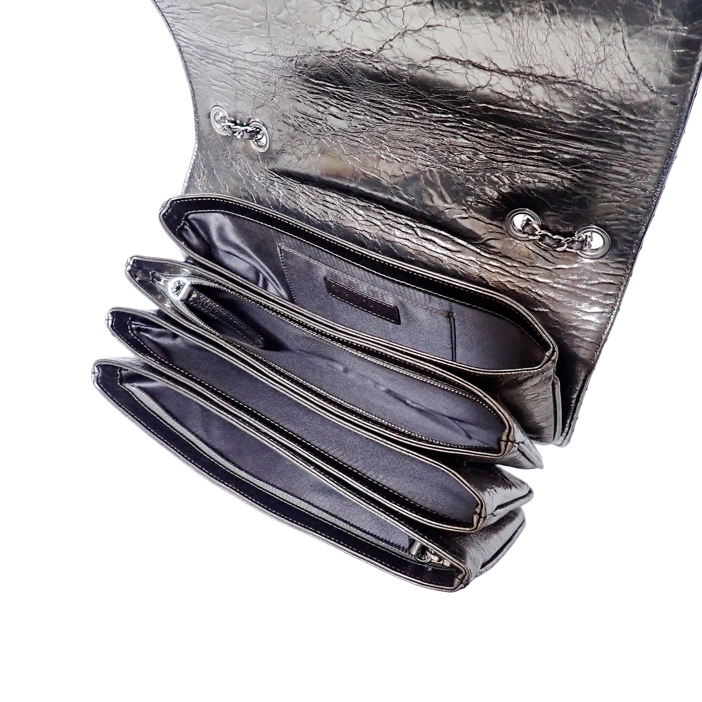 CHANEL シャネル マトラッセ パテントレザー Wチェーン メタリック カーキ シルバー金具 カーキ レディース ショルダーバッグ