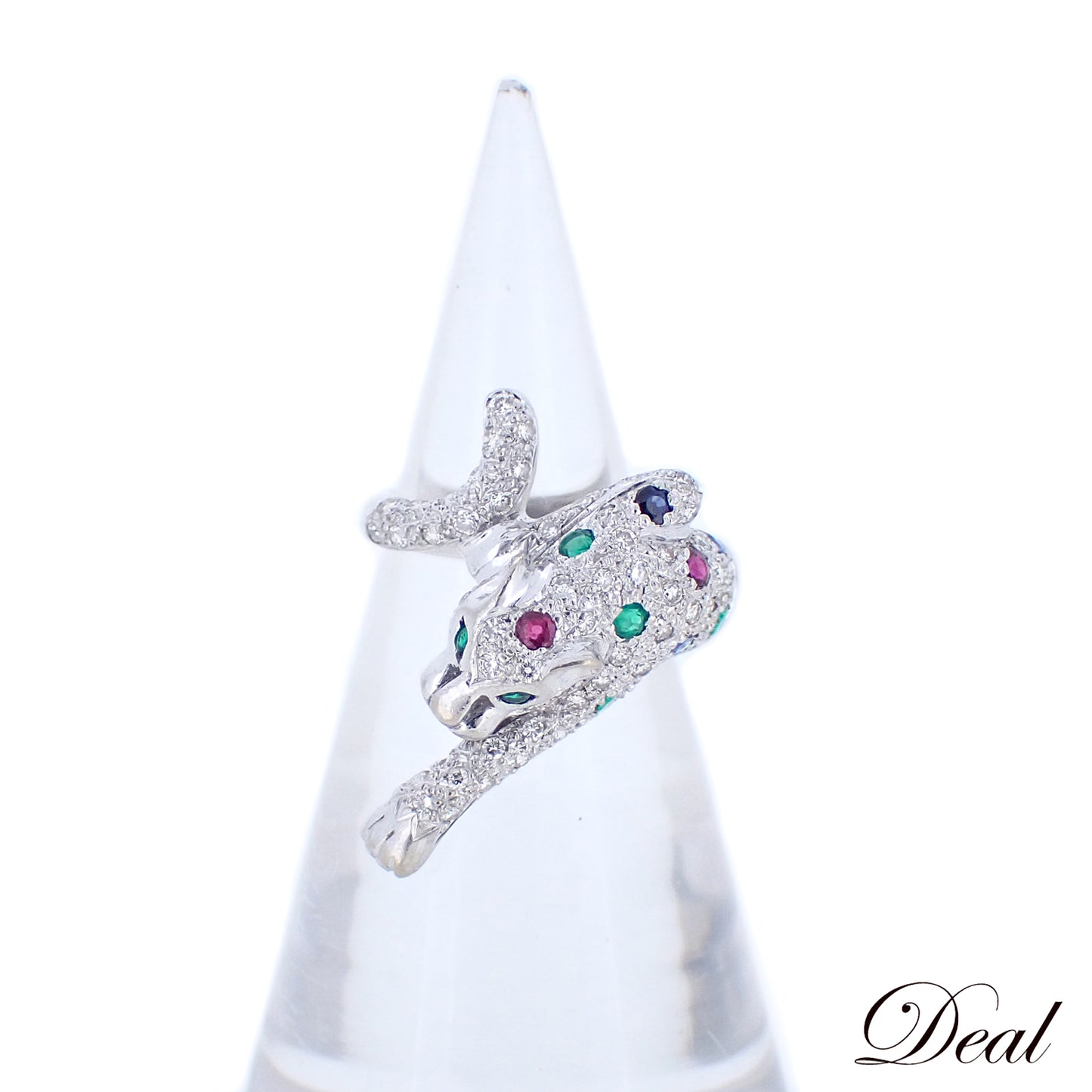 K18WG パンサー モチーフ ダイヤ ルビー サファイア エメラルド 12号 シルバー レディース リング 指輪