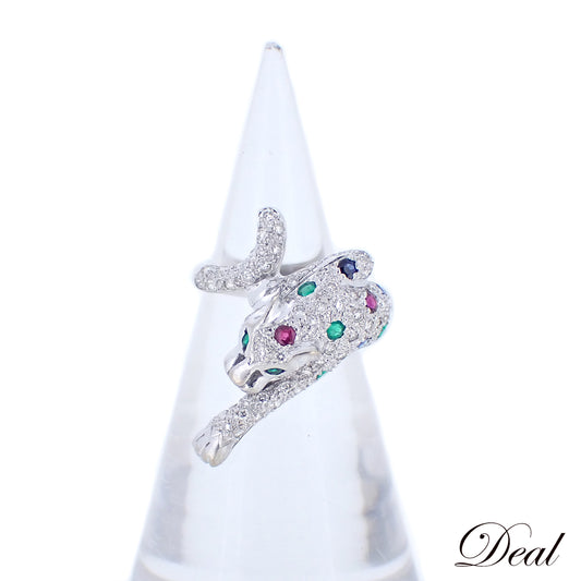 K18WG パンサー モチーフ ダイヤ ルビー サファイア エメラルド 12号 シルバー レディース リング 指輪