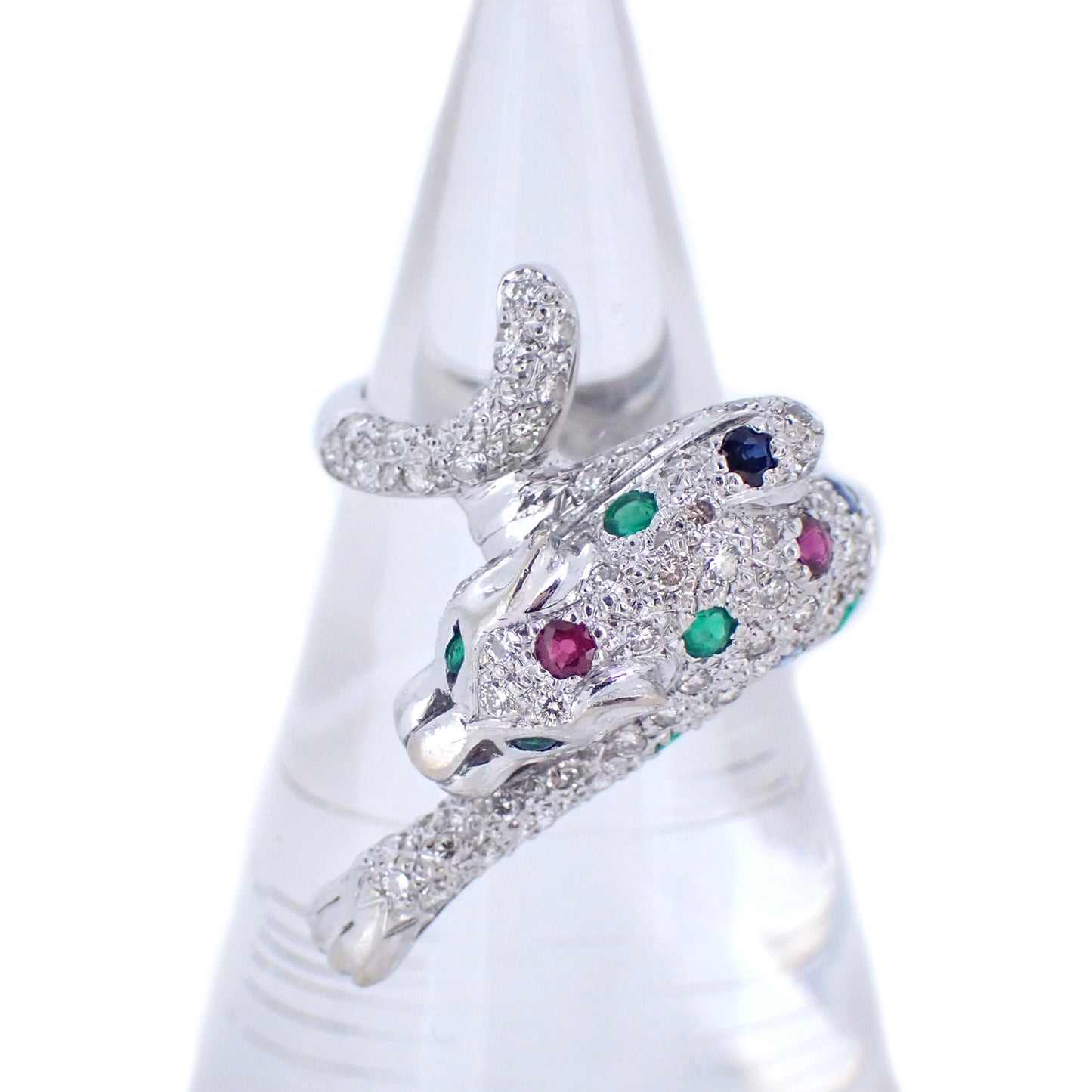 K18WG パンサー モチーフ ダイヤ ルビー サファイア エメラルド 12号 シルバー レディース リング 指輪