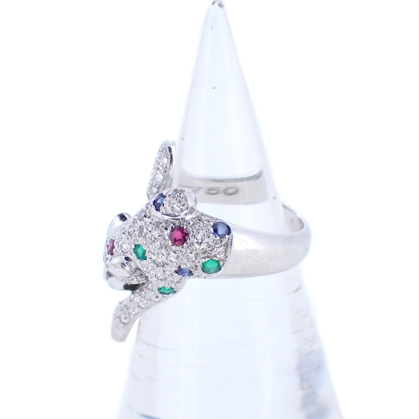 K18WG パンサー モチーフ ダイヤ ルビー サファイア エメラルド 12号 シルバー レディース リング 指輪