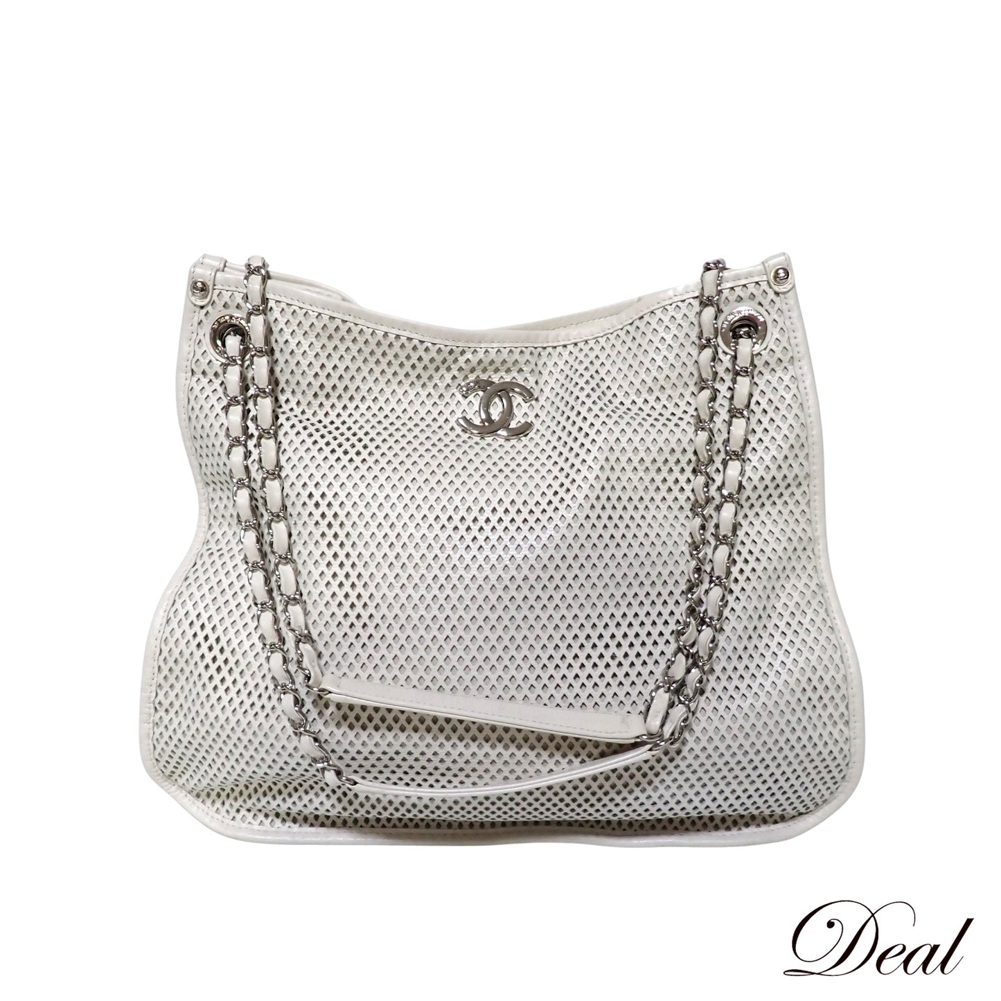 CHANEL シャネル ココマーク メッシュ パンチング チェーンショルダー ホワイト レディース トートバッグ