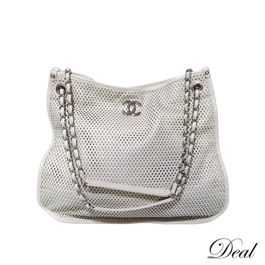 CHANEL シャネル ココマーク メッシュ パンチング チェーンショルダー ホワイト レディース トートバッグ