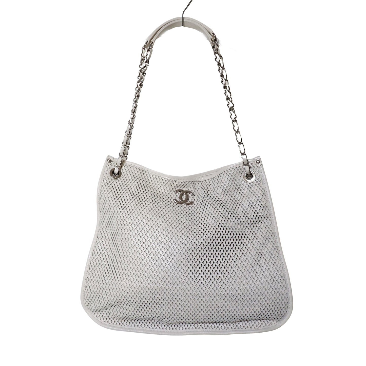 CHANEL シャネル ココマーク メッシュ パンチング チェーンショルダー ホワイト レディース トートバッグ