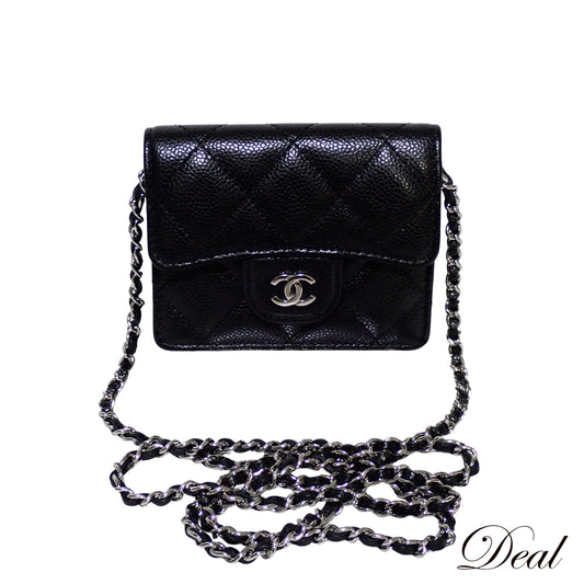 CHANEL シャネル マトラッセ キャビアスキン コンパクト財布 チェーンウォレット ブラック レディース 二つ折り財布