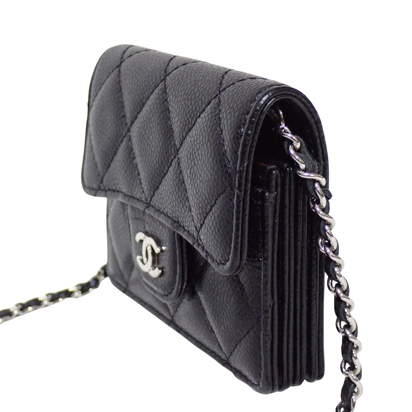 CHANEL シャネル マトラッセ キャビアスキン コンパクト財布 チェーンウォレット ブラック レディース 二つ折り財布
