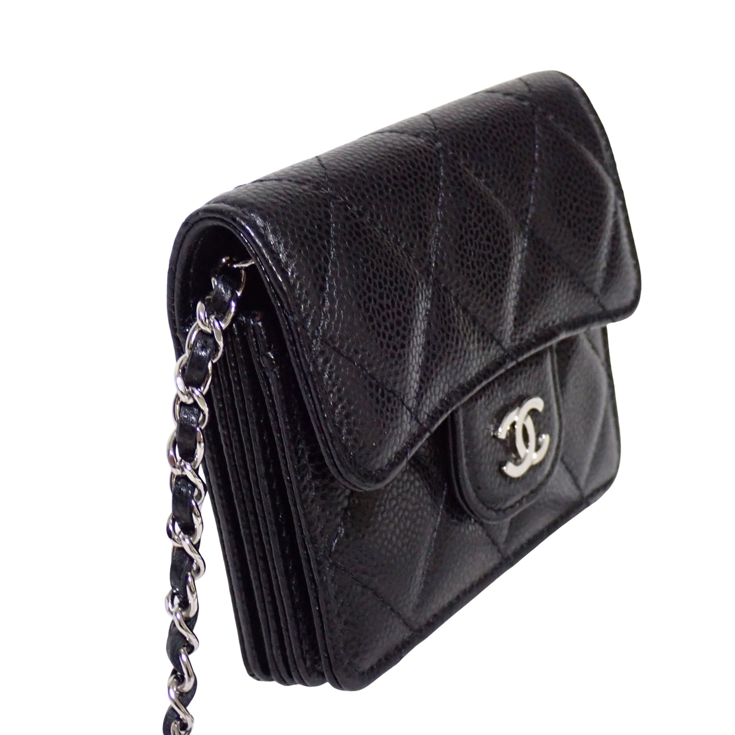 CHANEL シャネル マトラッセ キャビアスキン コンパクト財布 チェーンウォレット ブラック レディース 二つ折り財布