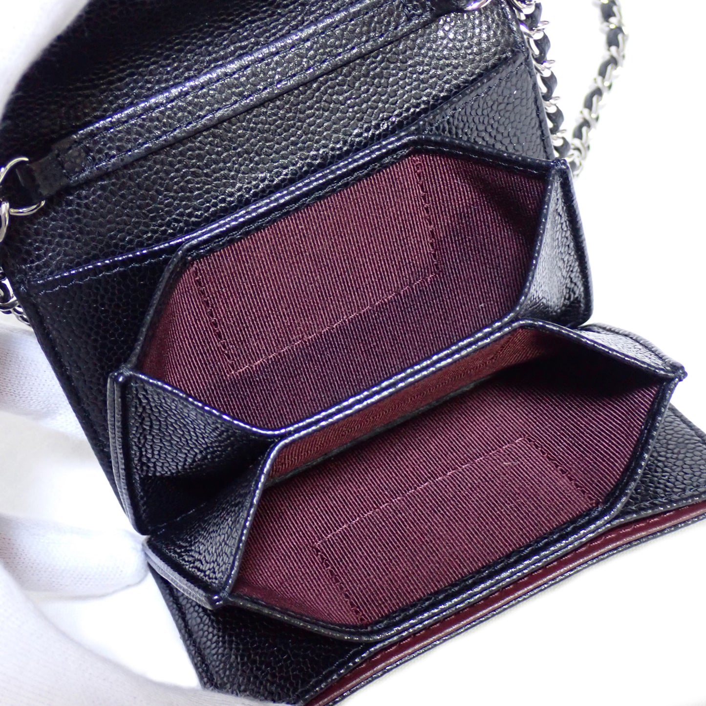 CHANEL シャネル マトラッセ キャビアスキン コンパクト財布 チェーンウォレット ブラック レディース 二つ折り財布