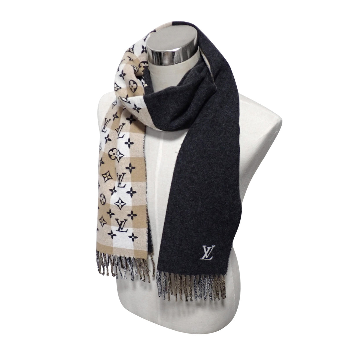 LOUIS VUITTON ルイ・ヴィトン エシャルプ・モノグラム チェックブロック M76589 ウール×カシミヤ ユニセックス グレー レディース マフラー
LV