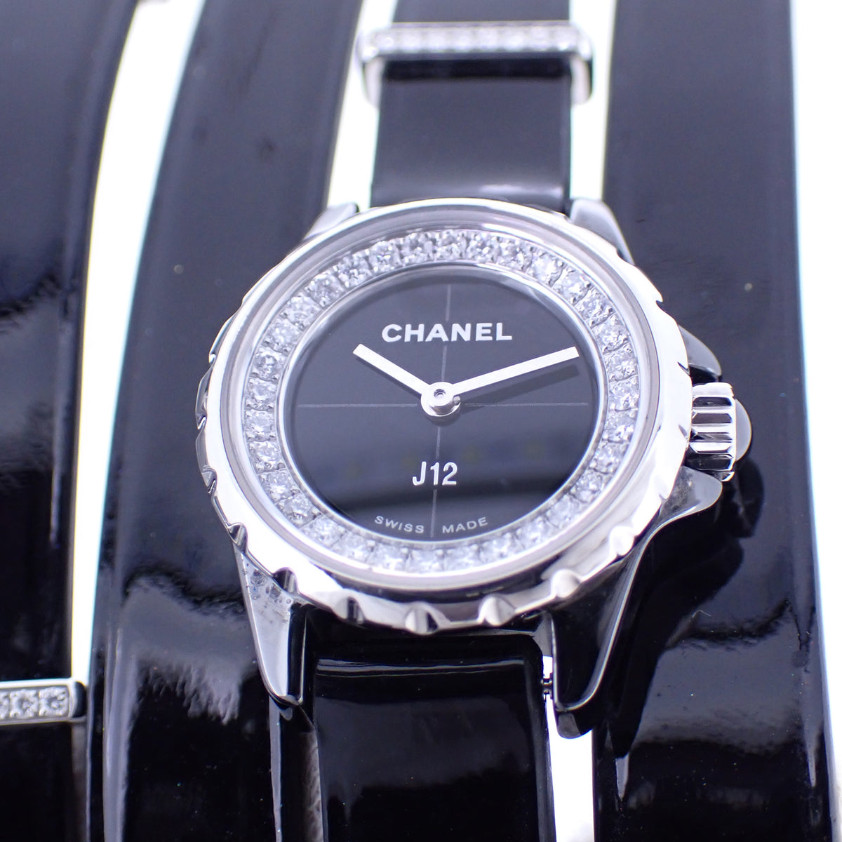 CHANEL シャネル J12 XS 純正ダイヤ Wベルト H4665 ブラック エナメル レディース 腕時計